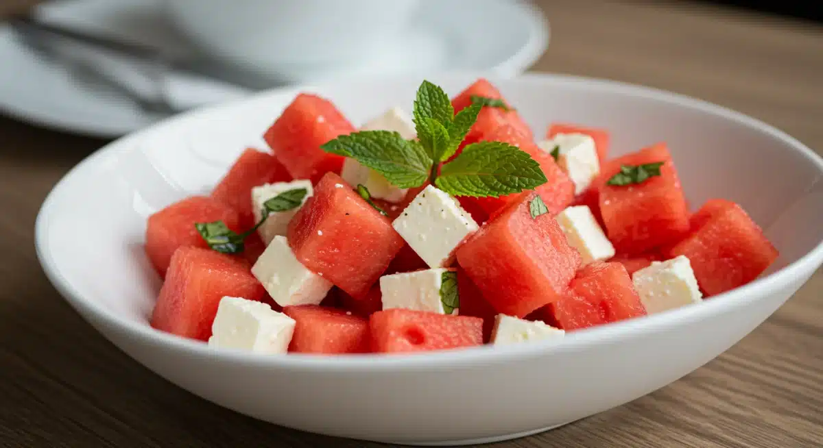 Salada refrescante de melancia com queijo feta e hortelã, servida em tigela branca.