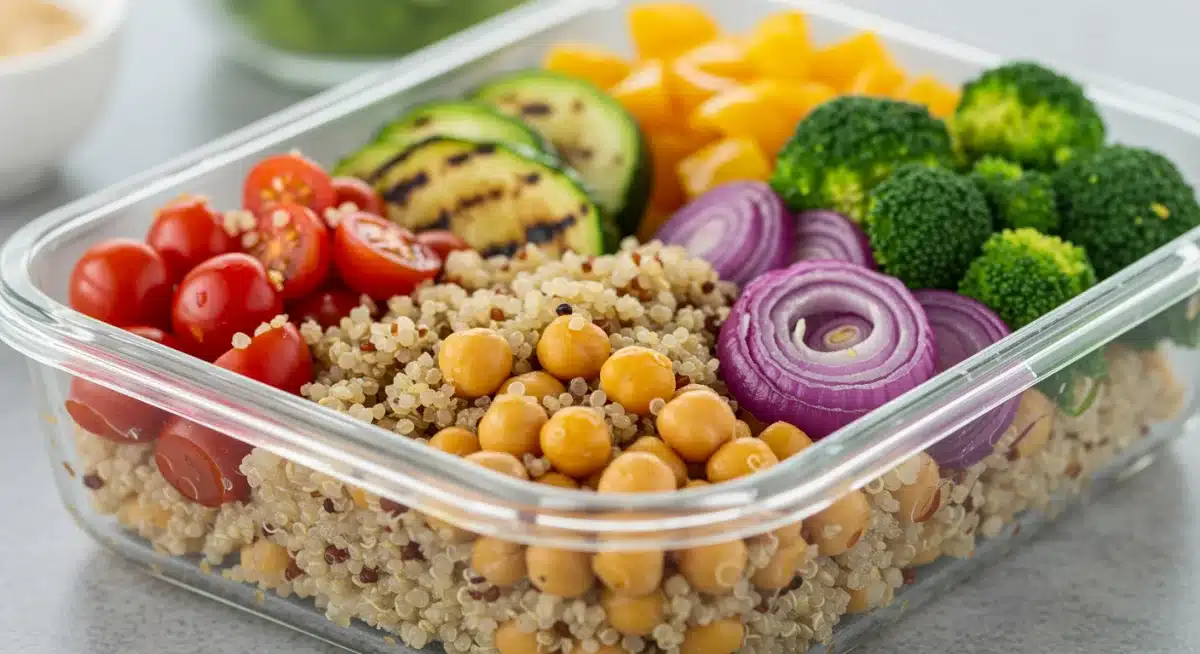 Salada de quinoa com vegetais grelhados em um pote de vidro, destacando uma das receitas fit e práticas para cozinhar em lotes.