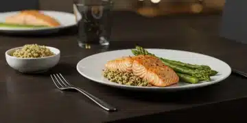 Salmão grelhado com quinoa e aspargos, uma receita fit e leve para o jantar perfeito para um sono tranquilo.