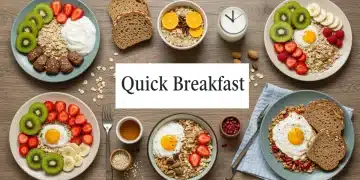 Seis opções de pequenos-almoços expressos coloridos e nutritivos, prontos em 10 minutos, sobre uma mesa de madeira, com um relógio ao fundo.