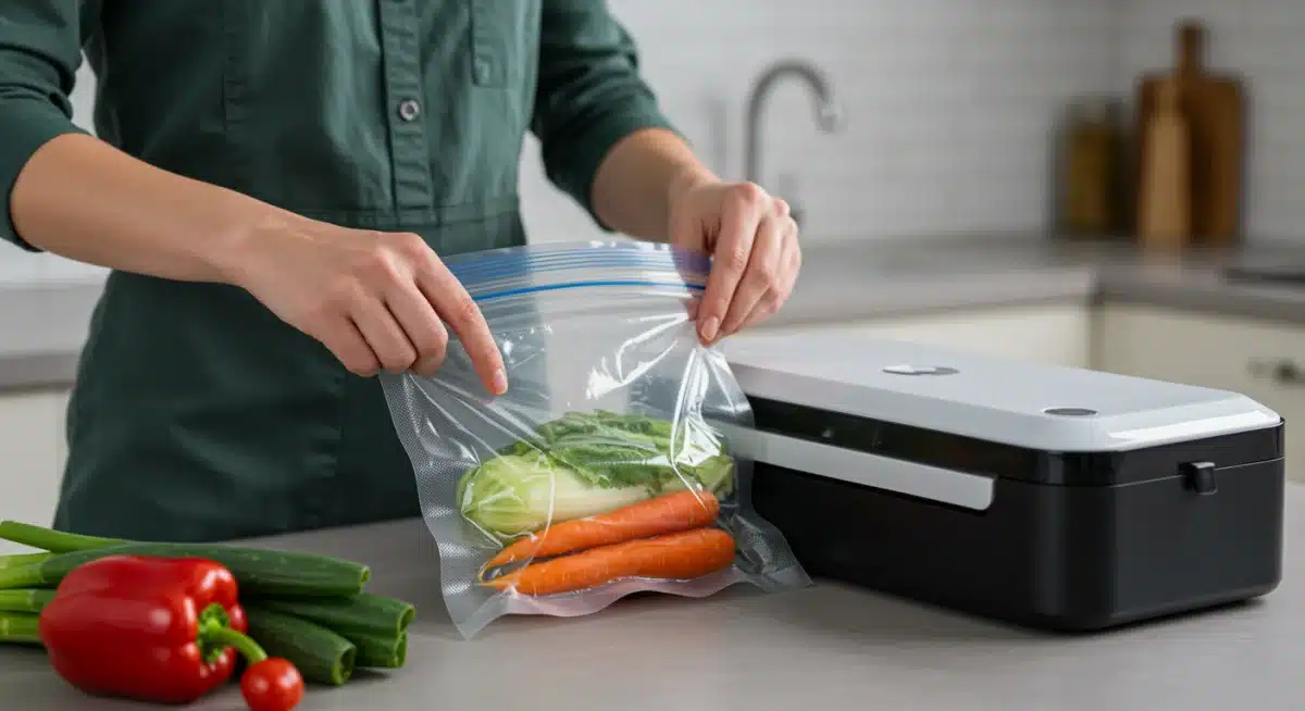 Pessoa utilizando seladora a vácuo para congelar vegetais frescos.