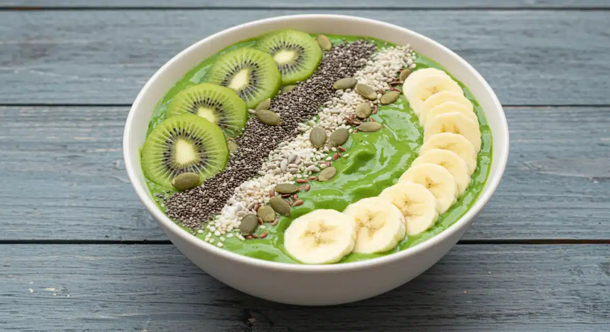Tigela de smoothie verde com sementes e frutas, exemplificando adoçantes naturais em sobremesas.