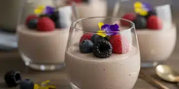 Sobremesa caseira inovadora com frutas vermelhas e flores comestíveis, representando as tendências de 2026.