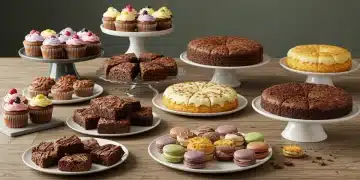 Mesa repleta de sobremesas caseiras variadas, como cupcakes, brownies e bolos decorados, em um ambiente acolhedor, simbolizando um negócio de doces lucrativo.