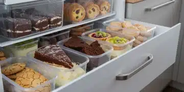 Sobremesas caseiras congeladas em recipientes herméticos, prontas para armazenamento prolongado.