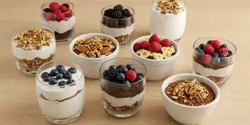 Variedade de sobremesas fit coloridas e apetitosas em potes e tigelas, dispostas sobre uma mesa de madeira clara, com frutas frescas e castanhas decorando.