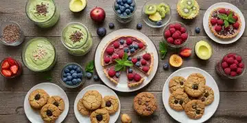 Variedade de sobremesas veganas caseiras coloridas e apetitosas, como mousse de chocolate, cheesecake de frutas e tortinhas, em uma mesa de madeira rústica.