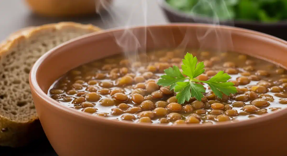 Tigela fumegante de sopa de lentilha com ervas frescas e pão integral, destacando a textura rica e o calor do prato.