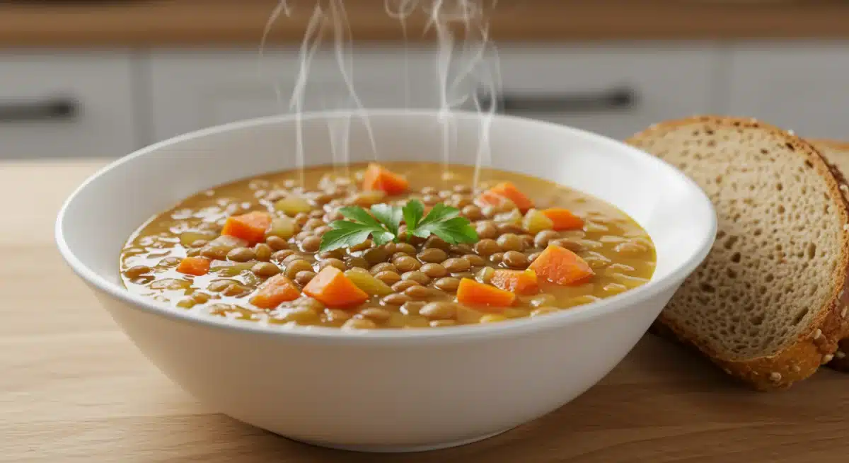 Tigela fumegante de sopa de lentilha vegetariana, com ervas frescas e pão integral ao lado, simbolizando uma refeição rápida e nutritiva.