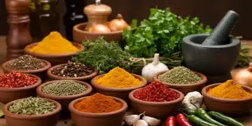 10 Temperos Essenciais da Culinária Brasileira para a Sua Cozinha em 2026 Variedade de temperos frescos e secos da culinária brasileira, dispostos sobre uma bancada de cozinha, com alho, cebola e pimentas.