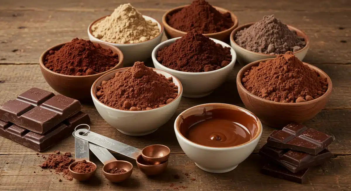 Variedade de pós de cacau e barras de chocolate, de amargo a ao leite, dispostos em uma mesa de madeira com colheres de medida. Ingredientes de chocolate.