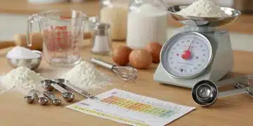 Utensílios de medida de cozinha e tabela de conversão sobre uma bancada, com ingredientes frescos ao redor.