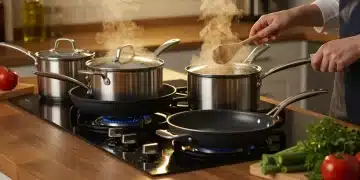 Qual a Melhor Panela para Cada Preparo? Análise 2026 Variedade de panelas de diferentes materiais e tamanhos em uma cozinha moderna e organizada, com ingredientes frescos ao redor.