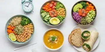 Variedade de 5 receitas fit de almoço rápido, incluindo saladas, wraps e pratos com proteína, dispostas de forma apetitosa em uma mesa moderna.