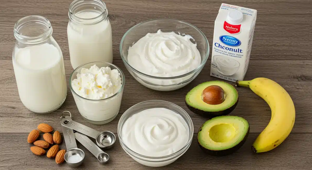 Alternativas a laticínios como leites vegetais e frutas, dispostas sobre uma mesa de cozinha.