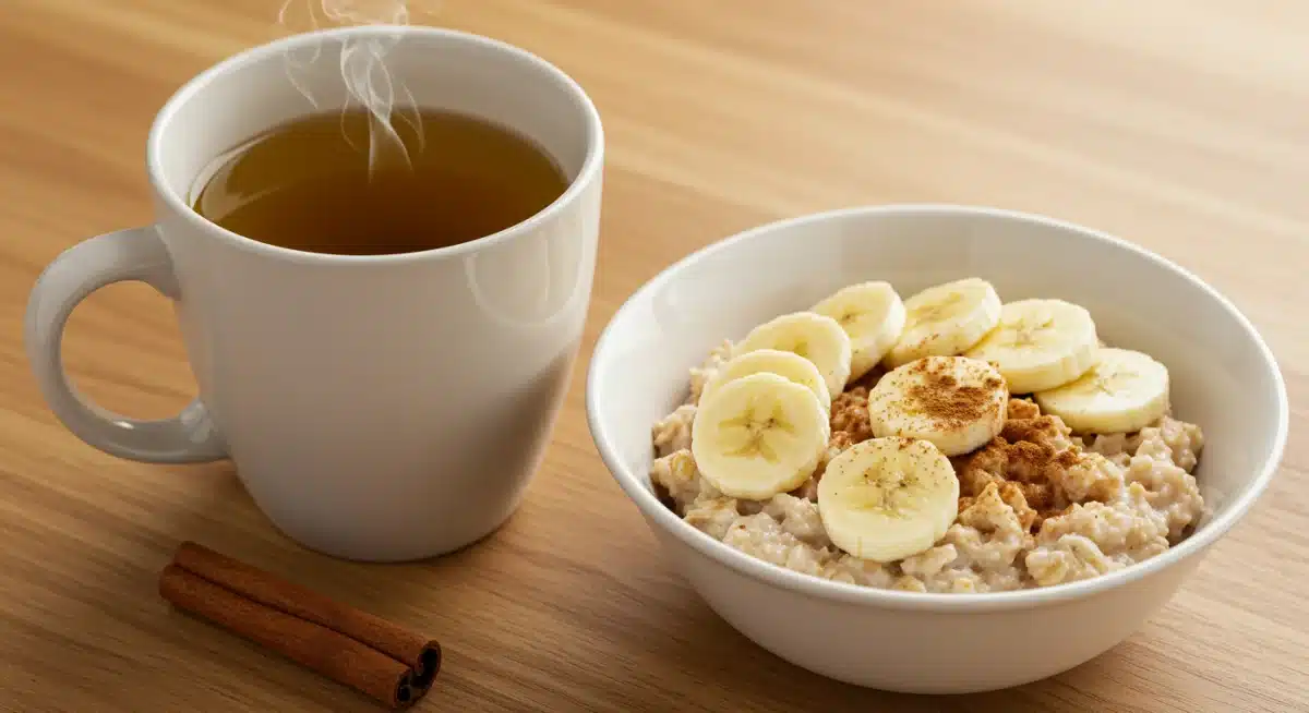 Xícara de chá verde e aveia com banana, impulsionando o metabolismo