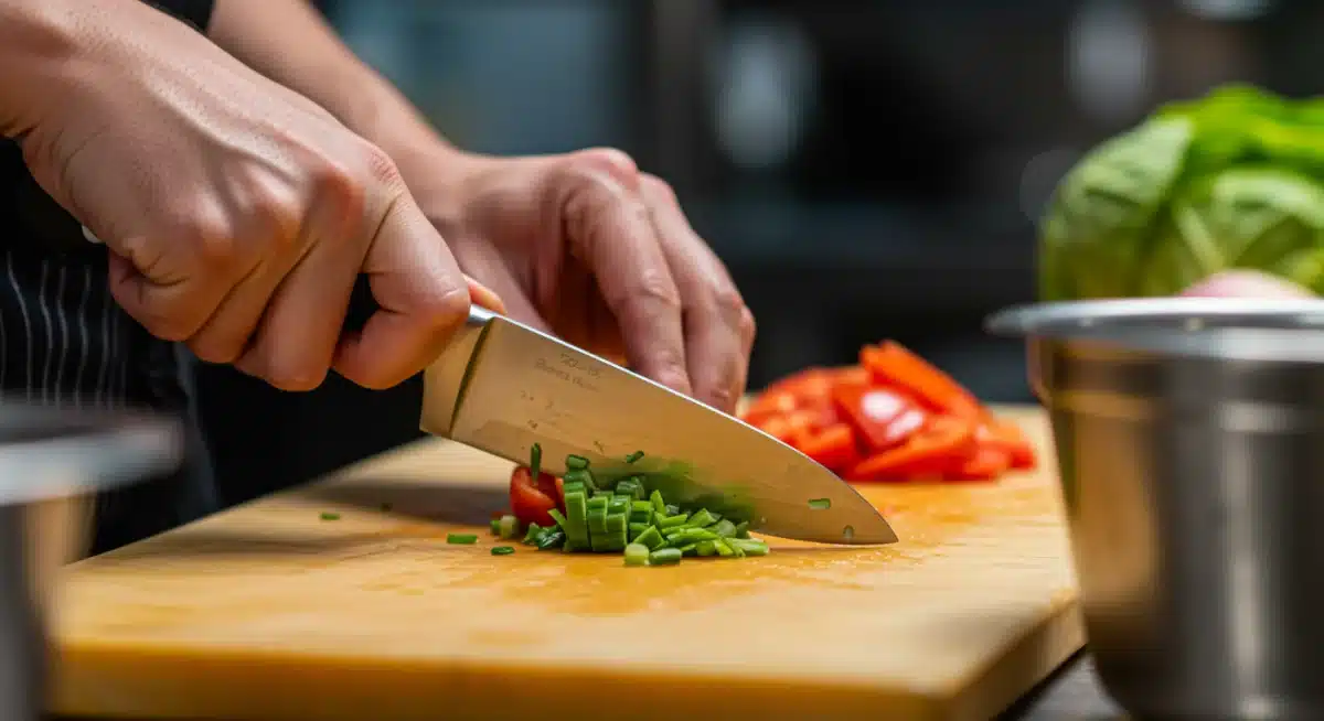 Mãos de chef cortando vegetais rapidamente em uma tábua de corte, demonstrando técnica e agilidade.