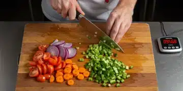 Mãos de chef cortando cebola, tomate, pimentão e cenoura rapidamente em uma tábua de madeira, com foco na precisão e agilidade.