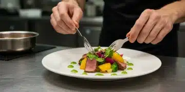 Chef fit empratando um prato gourmet saudável com técnicas inovadoras em 2026