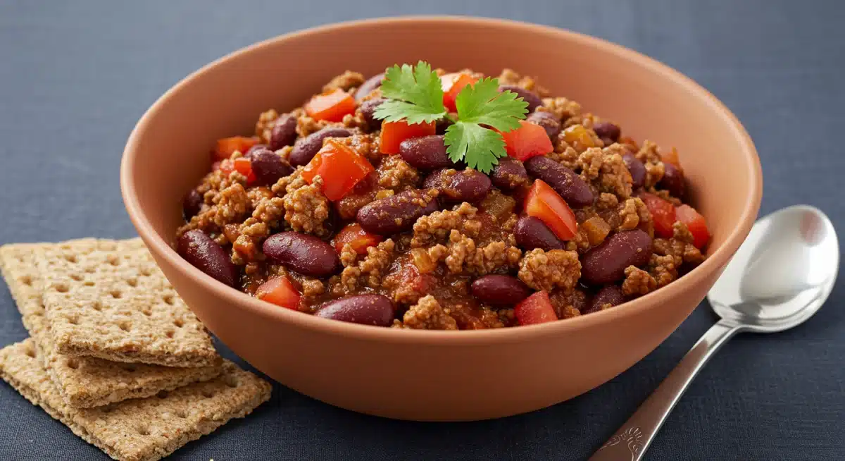 Chili com carne magra e feijão, fumegante em uma tigela rústica, ideal para o frio.
