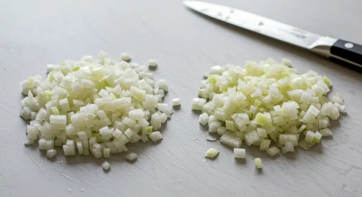 Comparativo de cortes de cebola, mostrando um corte uniforme e outro irregular, destacando a importância da técnica.