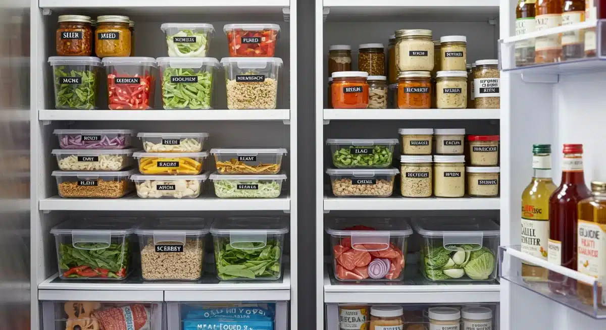 Despensa organizada com potes transparentes de ingredientes pré-preparados e molhos caseiros, otimizando o preparo.
