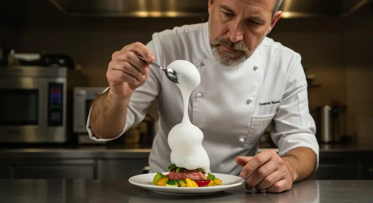 Chef aplicando espuma culinária em um prato fit gourmet