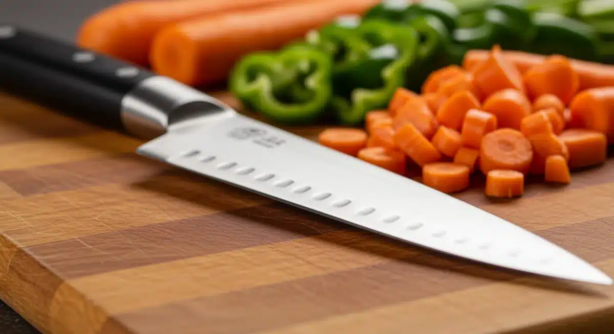 Faca de chef de aço inoxidável afiada sobre tábua de corte de madeira com vegetais frescos picados, simbolizando preparo eficiente.
