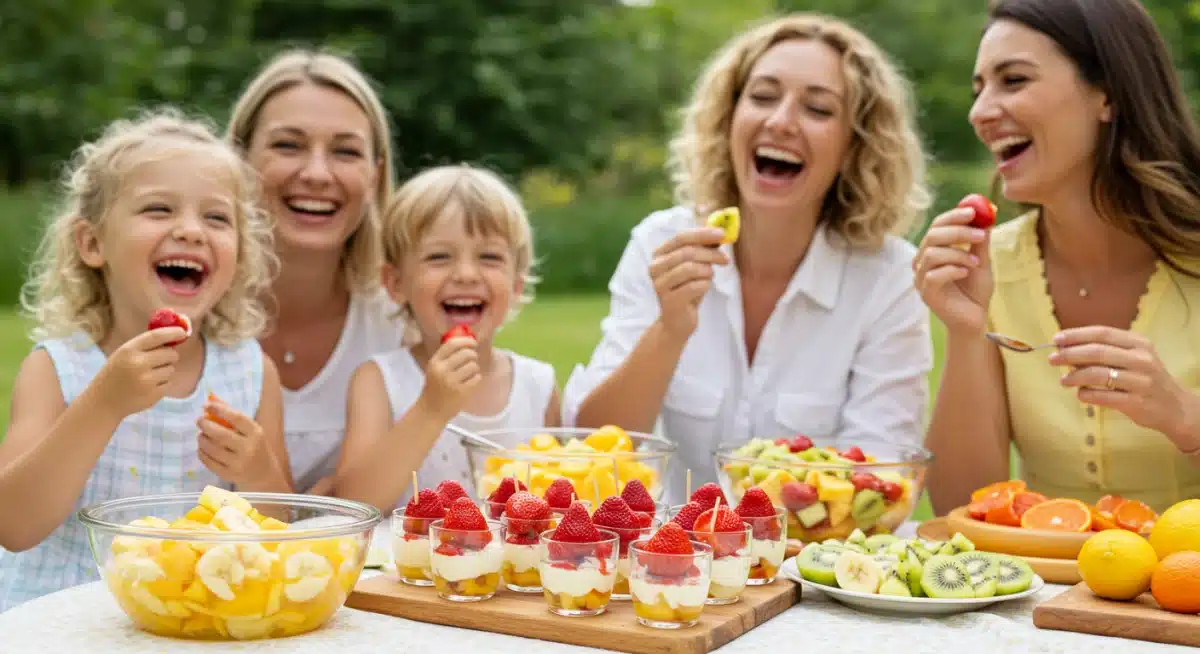 Família feliz em um piquenique de verão, desfrutando de sobremesas de frutas frescas, como espetinhos e salada de frutas, em um ambiente ensolarado e alegre.