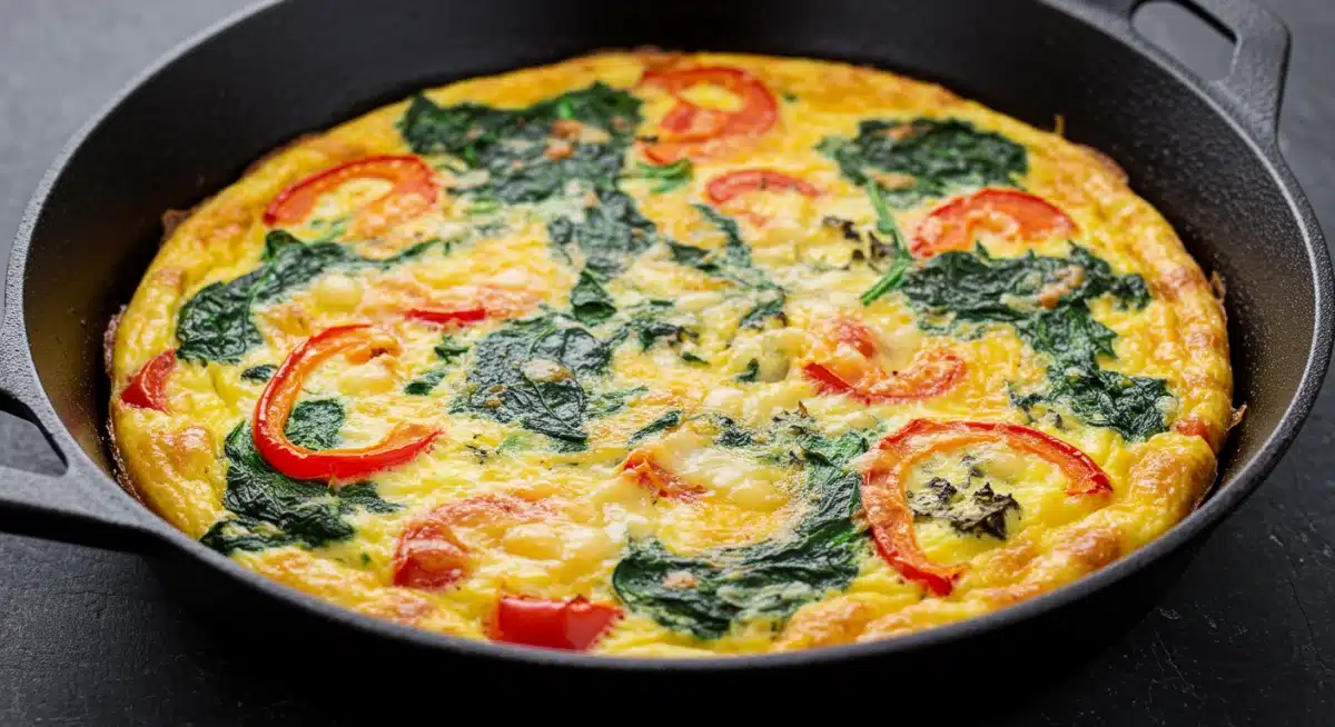 Frittata de legumes e queijo recém-saída do forno em uma frigideira