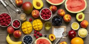 Variedade de frutas frescas da estação de verão sobre uma mesa de madeira, com utensílios de cozinha e uma receita. Perfeito para sobremesas caseiras.