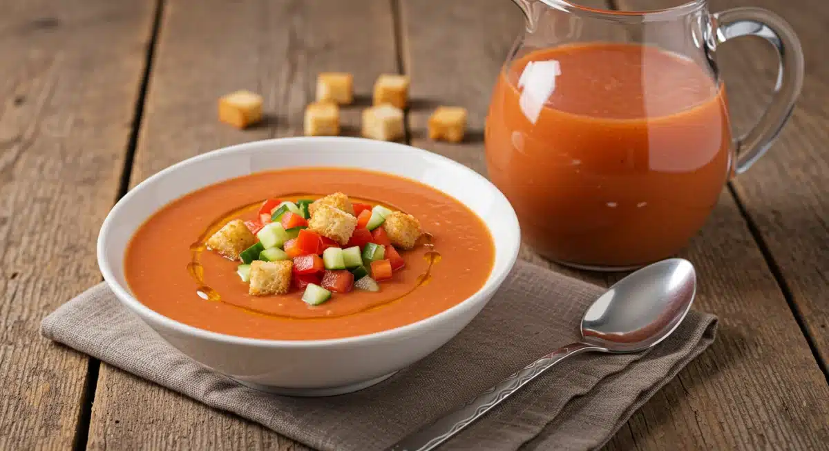 Tigela de gaspacho gelado com legumes frescos, ideal para hidratar no verão.