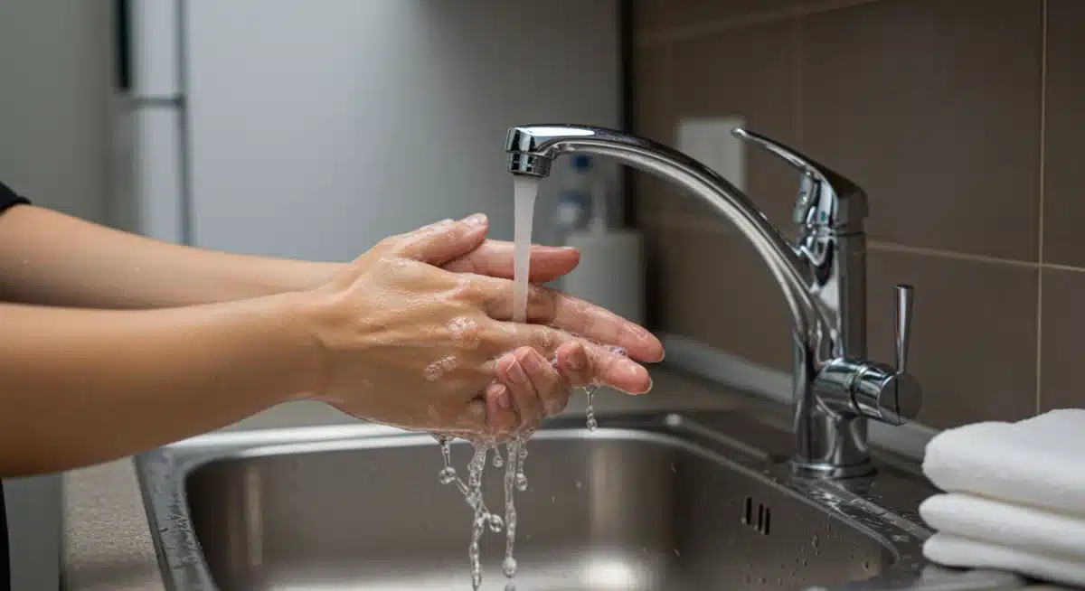 Pessoa lavando as mãos corretamente na pia da cozinha, essencial para higiene.