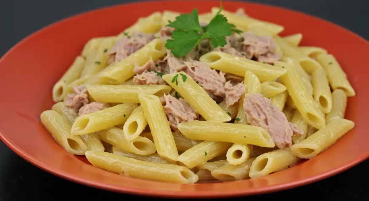 Prato de macarrão cremoso com atum, pronto para servir
