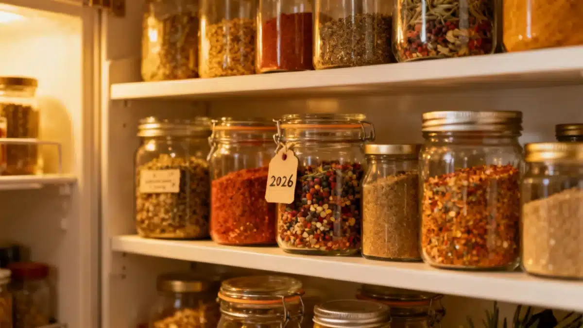Prateleira de despensa organizada com potes de vidro de temperos caseiros variados, todos etiquetados e prontos para uso.