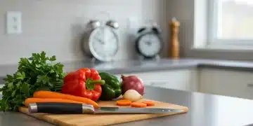 Mesa de cozinha organizada com ingredientes frescos e utensílios, simbolizando preparo eficiente de refeições.