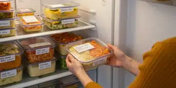 Refeições caseiras prontas para congelar em potes organizados, destacando a praticidade e economia na cozinha.