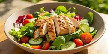 Salada fresca e colorida com frango grelhado, perfeita para um almoço de verão.