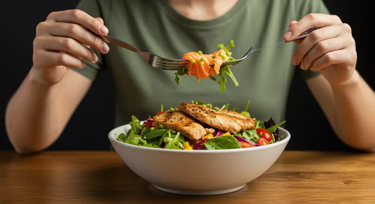 Salada colorida com proteína magra para energia sustentável e bem-estar