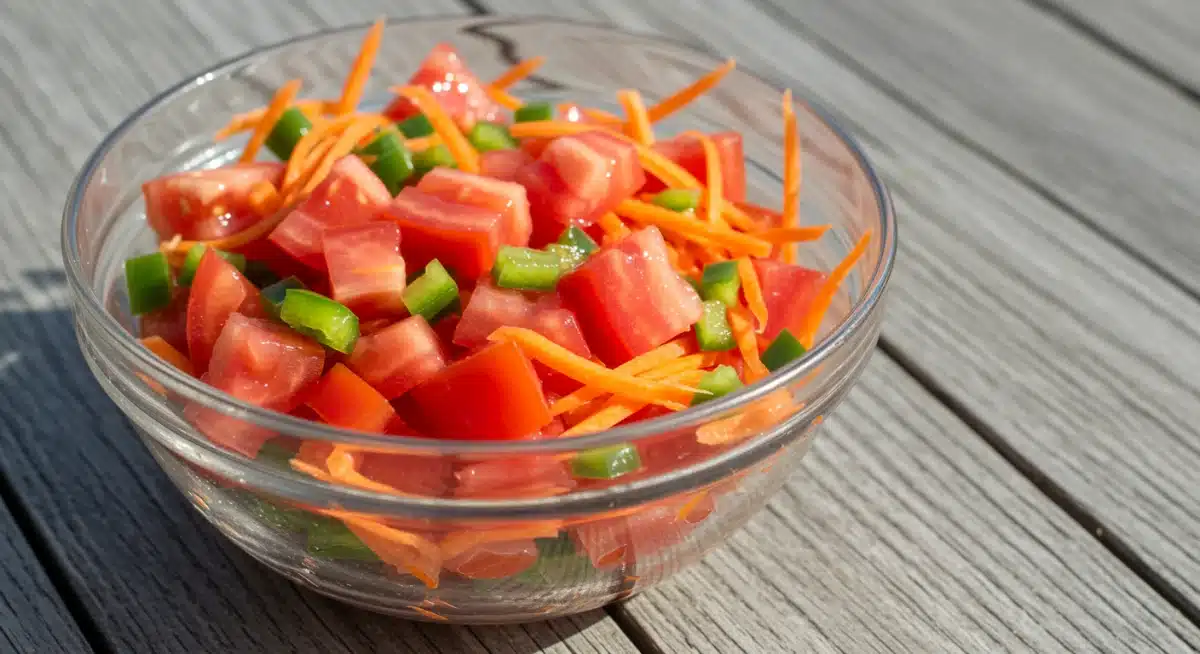 Salada fresca com vegetais perfeitamente cortados: tomates em cubos, pimentões em tiras e cenouras em julienne, exibindo a beleza da consistência.