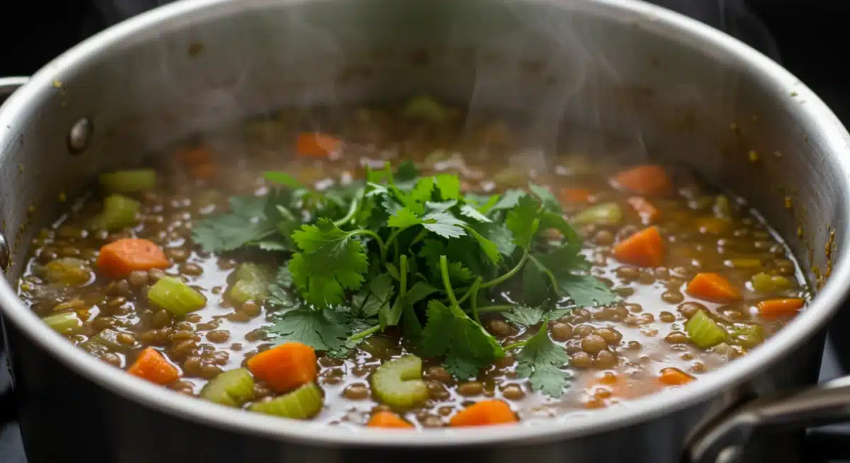 Sopa de lentilha caseira e nutritiva em uma panela, pronta para ser porcionada e congelada.