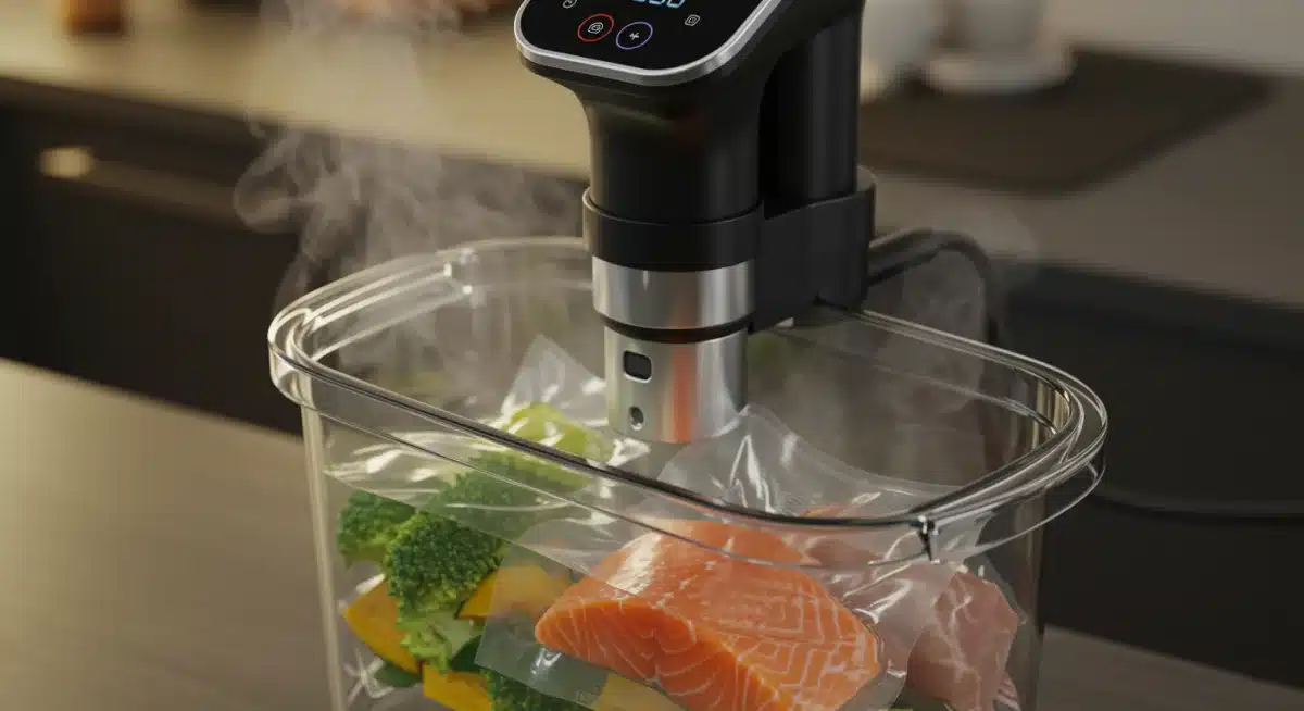 Equipamento de sous vide cozinhando alimentos para um chef fit