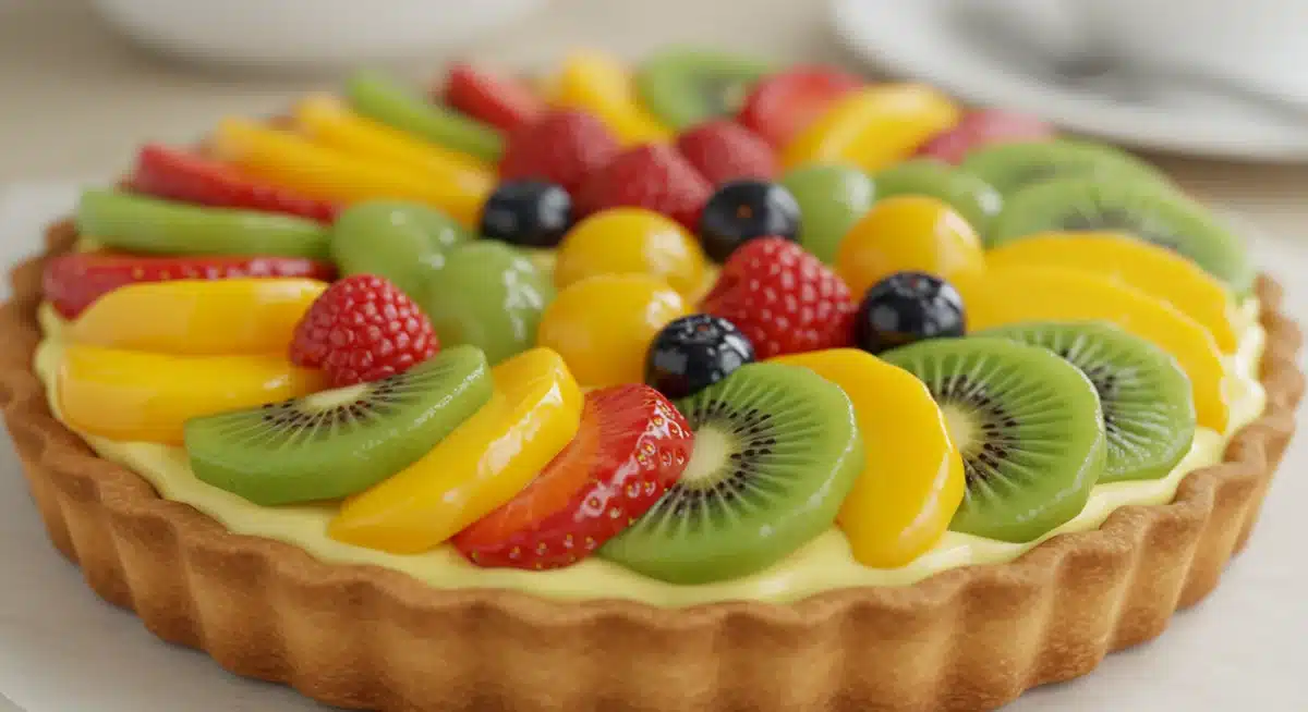 Torta de frutas caseira com morangos, kiwis e mangas frescas, destacando a beleza e o sabor das sobremesas sazonais.