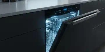 Futuristic 2026 dishwasher integrated into a modern kitchen, showcasing energy and water efficiency.