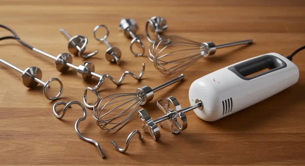 Accesorios variados de batidora de mano, incluyendo varillas y ganchos de amasar, sobre una mesa de madera.