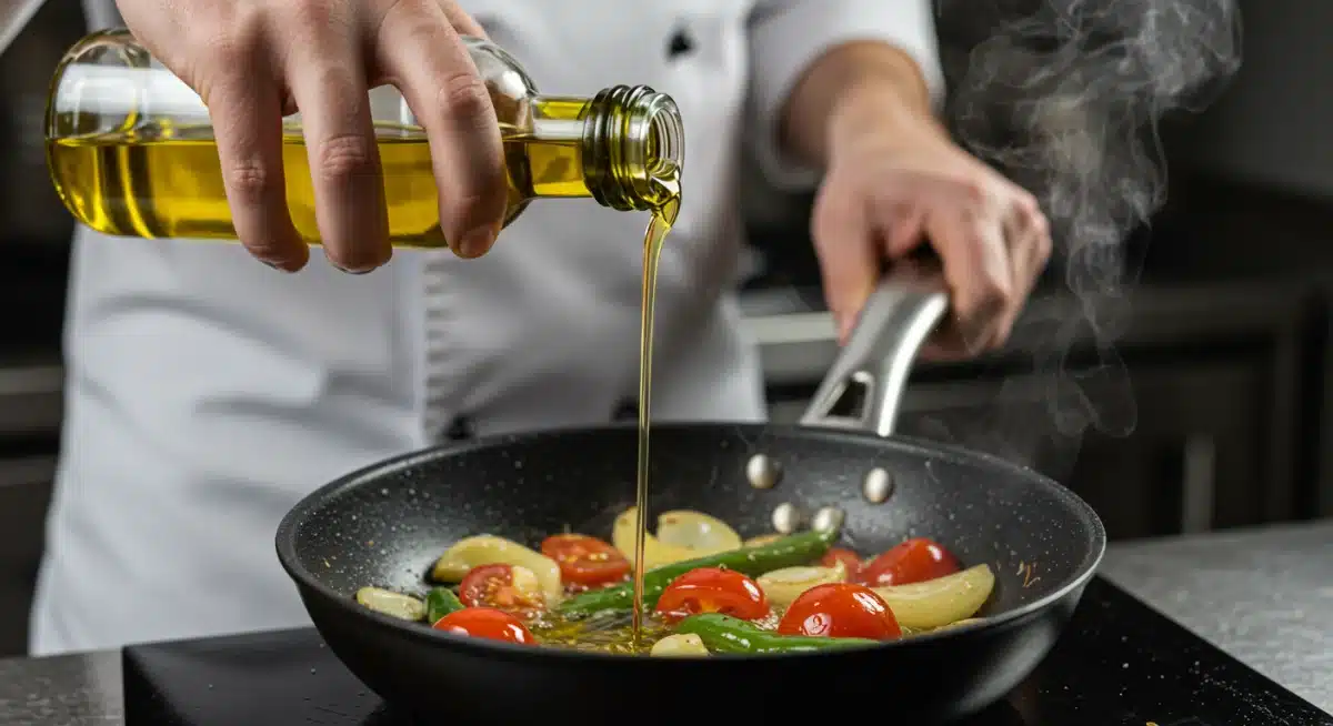 Chef virtiendo aceite de oliva virgen extra en una sartén con verduras, destacando su uso en la cocina.