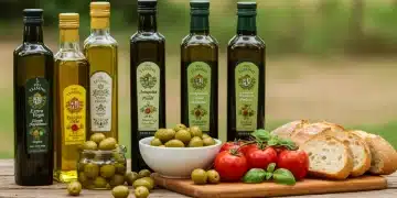 Varias botellas de aceite de oliva español y sus ingredientes frescos, simbolizando la riqueza gastronómica.