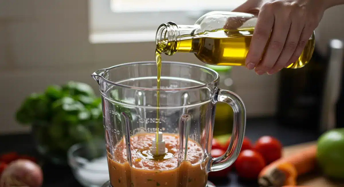 Aceite de oliva virgen extra siendo añadido a la mezcla de gazpacho en una batidora.