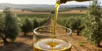 Aceite de oliva virgen extra español de color dorado vertiéndose en un vaso elegante, con olivos al fondo.