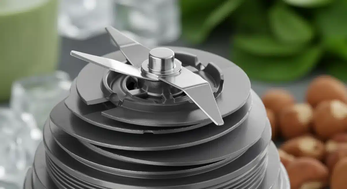 Close-up of advanced multi-layered blender blades for superior pulverization.
